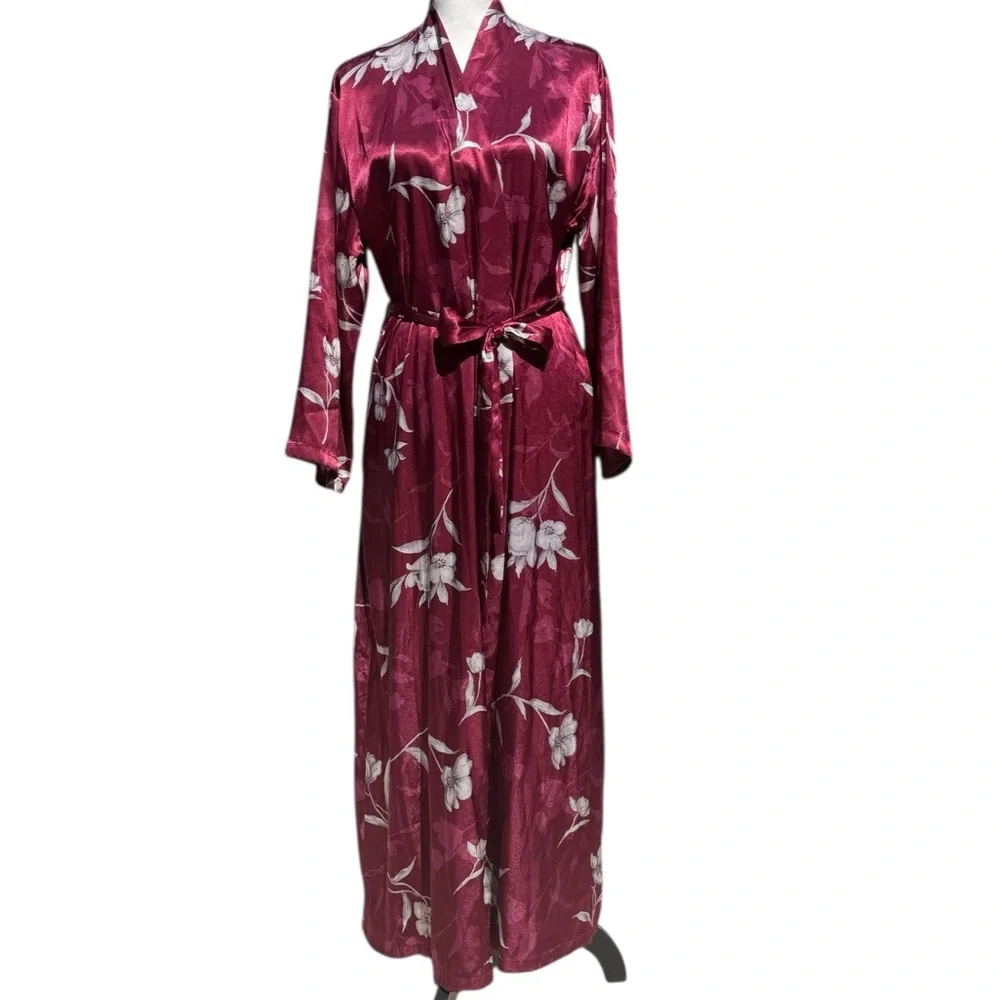 Halston Robe Burgundy Wine Floral L/XL